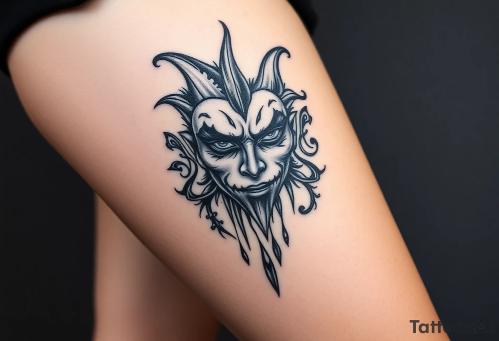 Powerful new age joker half face dripping surrounded with tribal tattoo idea