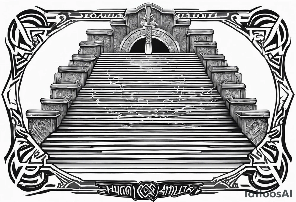 Valhalla mist fire sword shield stairs tattoo idea