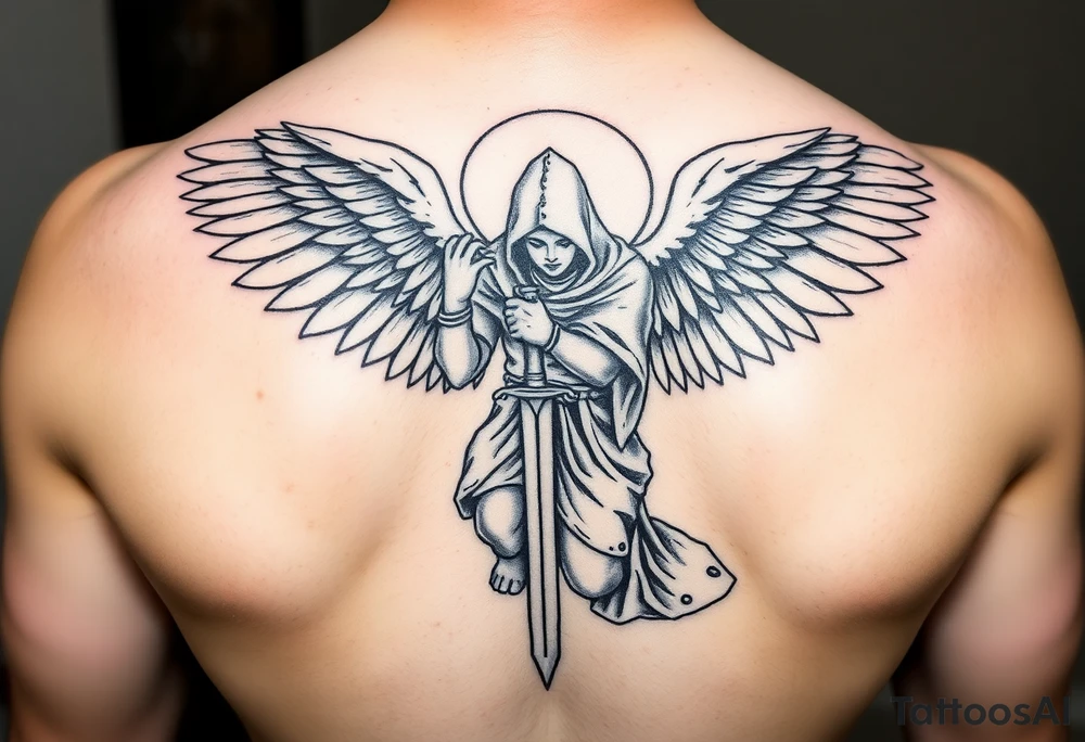 Warrior Angel with long sword  kneeling looking down cloak over head wings
 spread tattoo idea