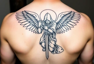 Warrior Angel with long sword  kneeling looking down cloak over head wings
 spread tattoo idea