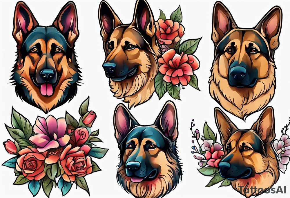 Red Sable colored German shepherd portrait brightly colored with flowers tattoo idea