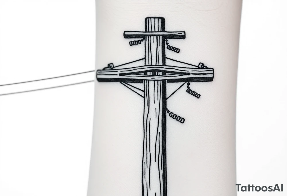a wooden 12kv distribution pole with electrical lines. Make the pole a cross that has a hidden resemblance to god. tattoo idea