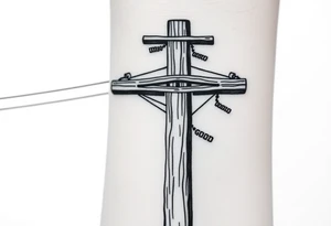 a wooden 12kv distribution pole with electrical lines. Make the pole a cross that has a hidden resemblance to god. tattoo idea