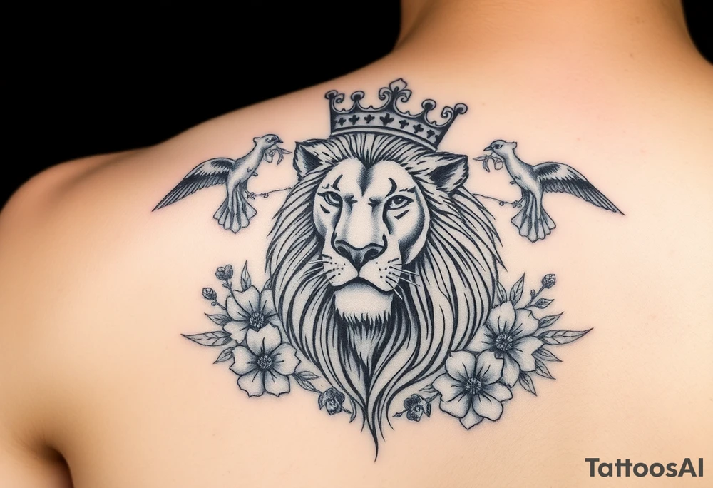 powerful majestic lion with a crown, surrounded by floral ornaments and birds tattoo idea