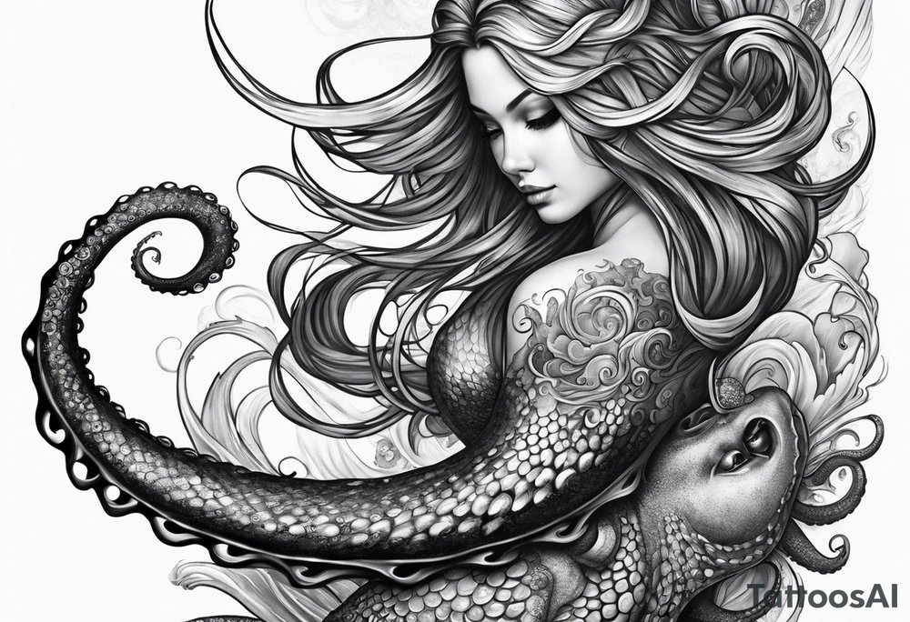 Octopus looking up longingly at a mermaid in the ocean wrap around entire bottom of leg. tattoo idea