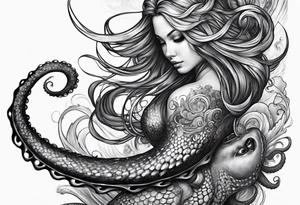Octopus looking up longingly at a mermaid in the ocean wrap around entire bottom of leg. tattoo idea