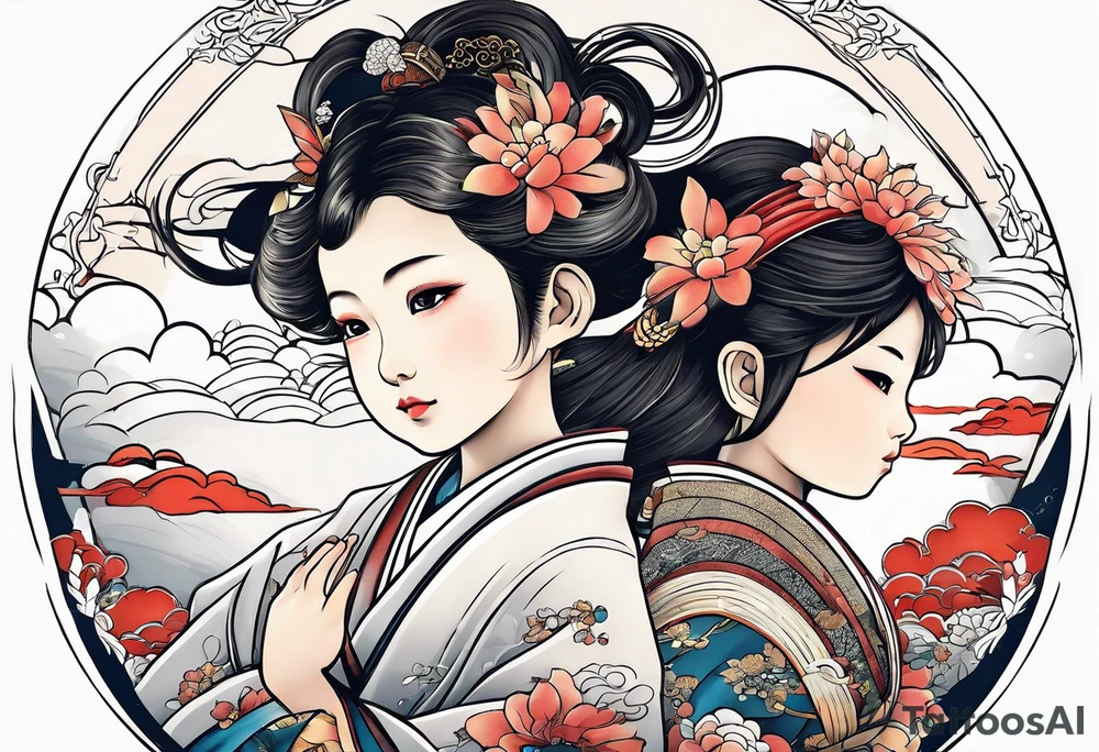 2 children playing together in japanese clouds tattoo idea