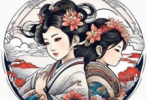 2 children playing together in japanese clouds tattoo idea
