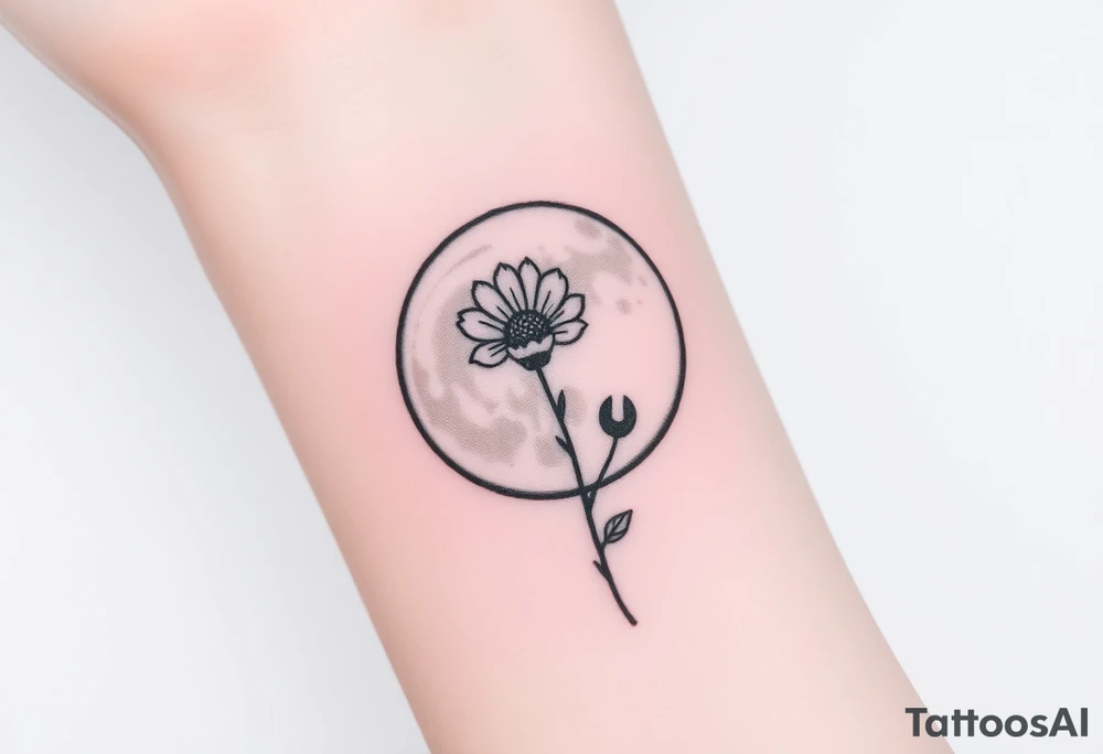 Small black and white tattoo full moon with small chrysanthemum and tiny scorpio gliph inside moon tattoo idea