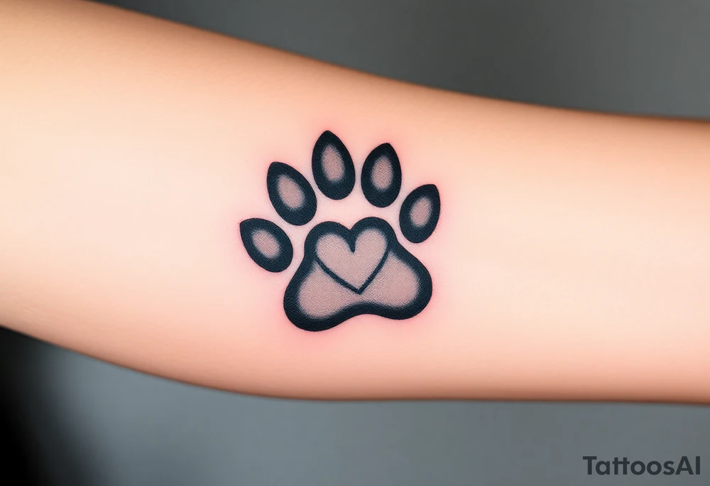 A black-and-gray shaded paw print, with heart and intense shading for a bold tattoo idea