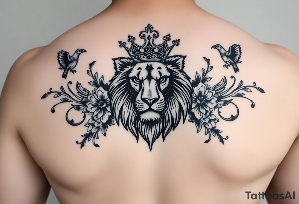 powerful majestic lion with a crown, surrounded by floral ornaments and birds tattoo idea