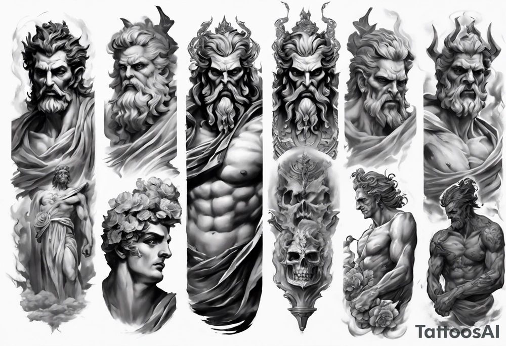 GREEK GOD hades STATUE
ARM SLEEVE 
REALISTIC tattoo idea