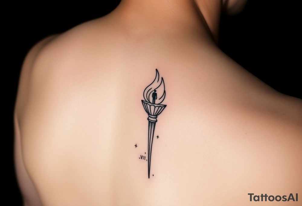Black-ink forearm tattoo of an abstract torch representing a father’s legacy passed to his son. Torch flame is minimalistic lines and particle flow, fragmented at the base (father’s unfinished work) and bright/solid at the top (son continuing the legacy). Subtle abstract figure of father integrated at the top as if guiding or cheering. Include date VI·IV·MMXXIII hidden in linework and optional phrase “Building what he couldn’t”. Clean, vertical layout, minimalistic, fine-line, black ink only, emotionally resonant. tattoo idea