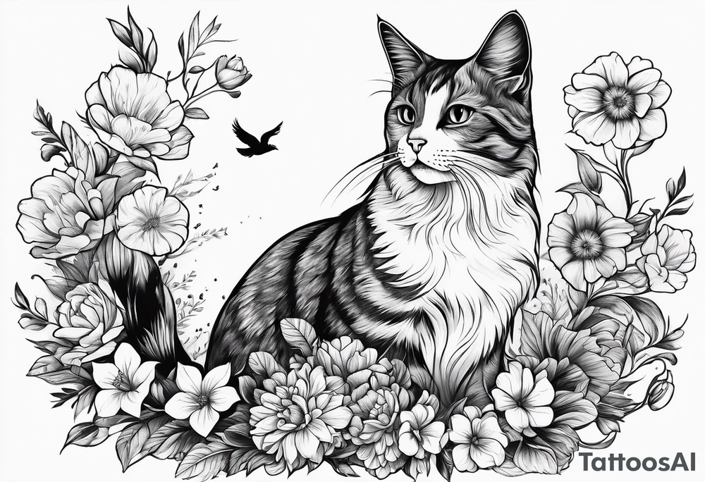 Cat looking up at a cardinal bird surrounded by flowers tattoo idea