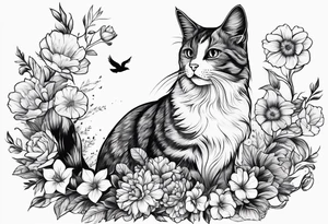 Cat looking up at a cardinal bird surrounded by flowers tattoo idea