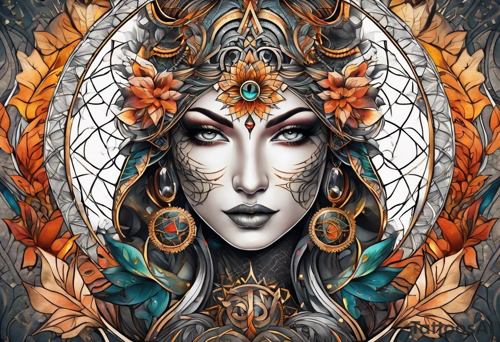 front knee tattoo with sacred geometry, swirls & washes, background and in fall colors tattoo idea