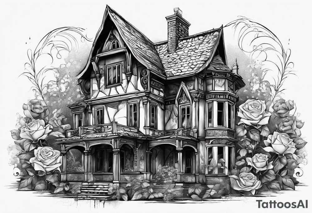 abandoned old gotic house, broken sword, roses, тату рукав tattoo idea