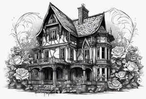 abandoned old gotic house, broken sword, roses, тату рукав tattoo idea