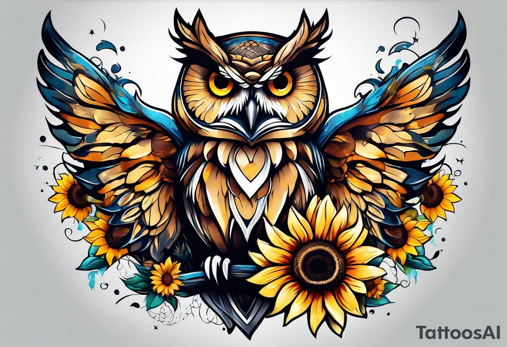 Sleeve with an owl, sunflower and butterfly tattoo idea