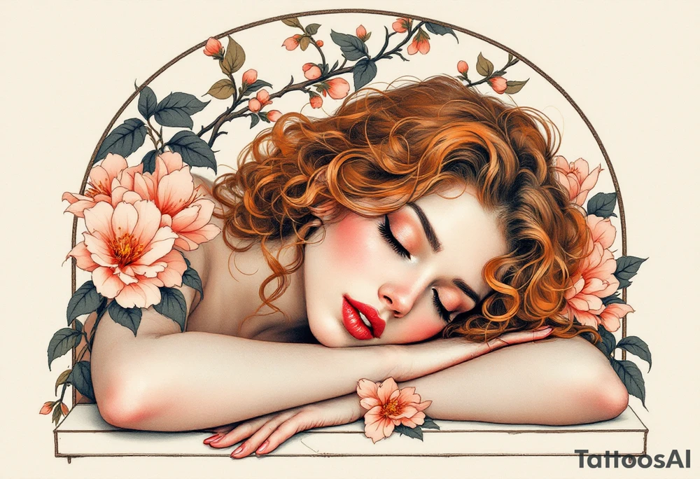 Alfons Mucha’s romantic portrait of a woman with chestnut curls, resting beneath an arched frame of bronze and peach blossoms. tattoo idea
