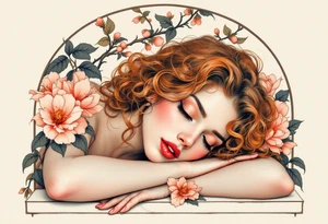 Alfons Mucha’s romantic portrait of a woman with chestnut curls, resting beneath an arched frame of bronze and peach blossoms. tattoo idea