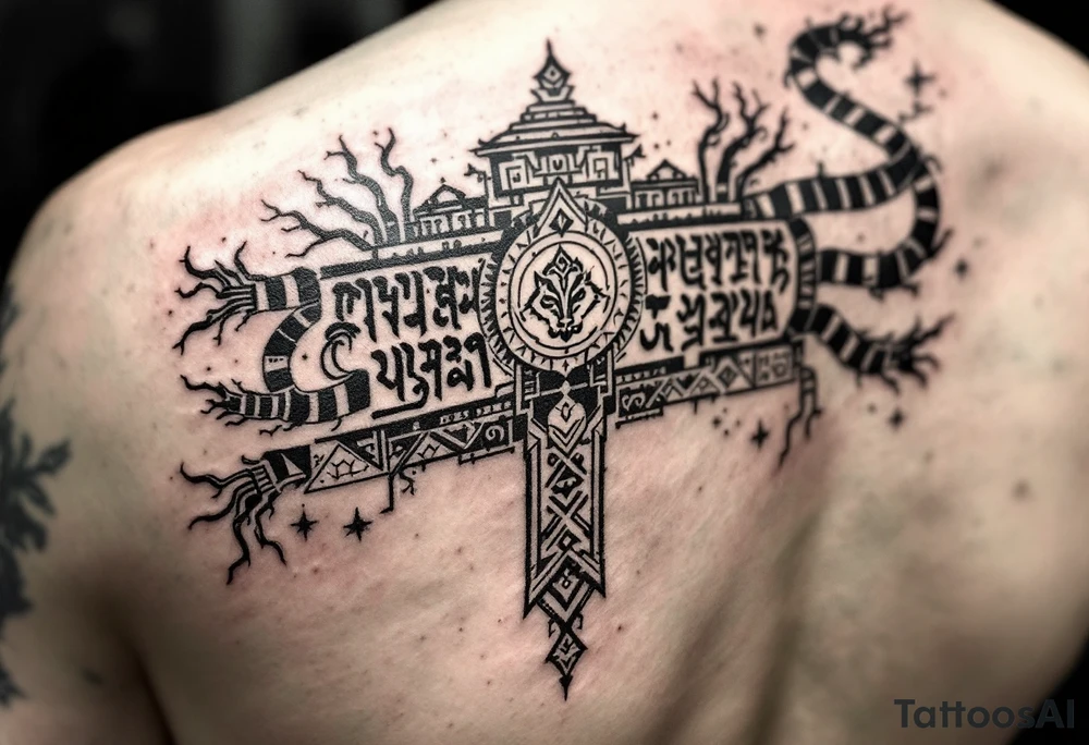 A Sak Yant tattoo is a sacred hand-poked design composed of precise geometric shapes, rows of ancient script, and symbolic imagery such as tigers, Hanuman, or temples, all meticulously arranged to channel protection, strength, and spiritual energy. tattoo idea