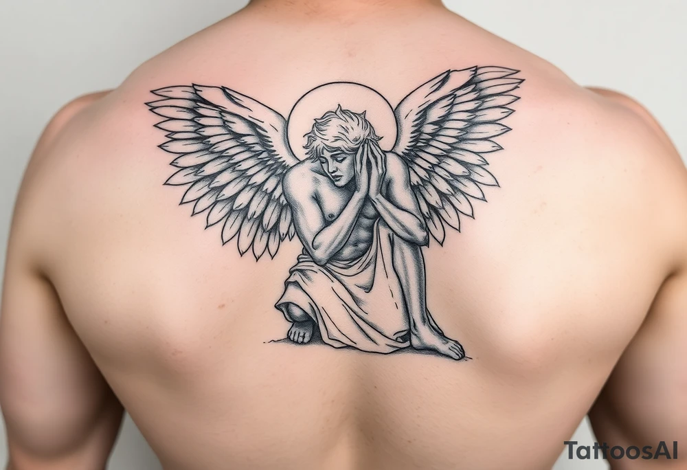 Buff Fallen angel on his knees tattoo idea