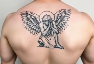 Buff Fallen angel on his knees tattoo idea