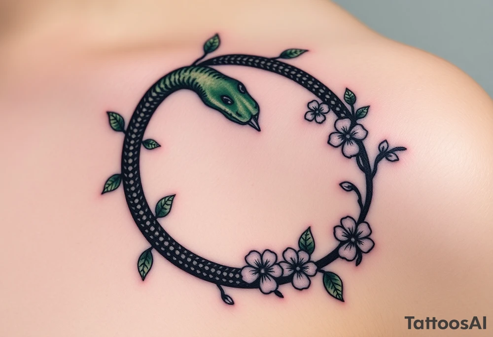 A dark green Ouroboros snake forming cyrcle intertwined with vines and blooming flowers, symbolizing the cycle of life and growth. tattoo idea