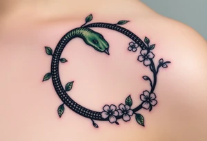 A dark green Ouroboros snake forming cyrcle intertwined with vines and blooming flowers, symbolizing the cycle of life and growth. tattoo idea