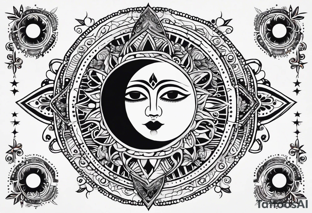 Mexican alien Sun and moon. Freeform rectangular sternum swirls with dots and stars tattoo idea