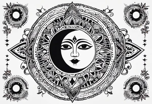 Mexican alien Sun and moon. Freeform rectangular sternum swirls with dots and stars tattoo idea