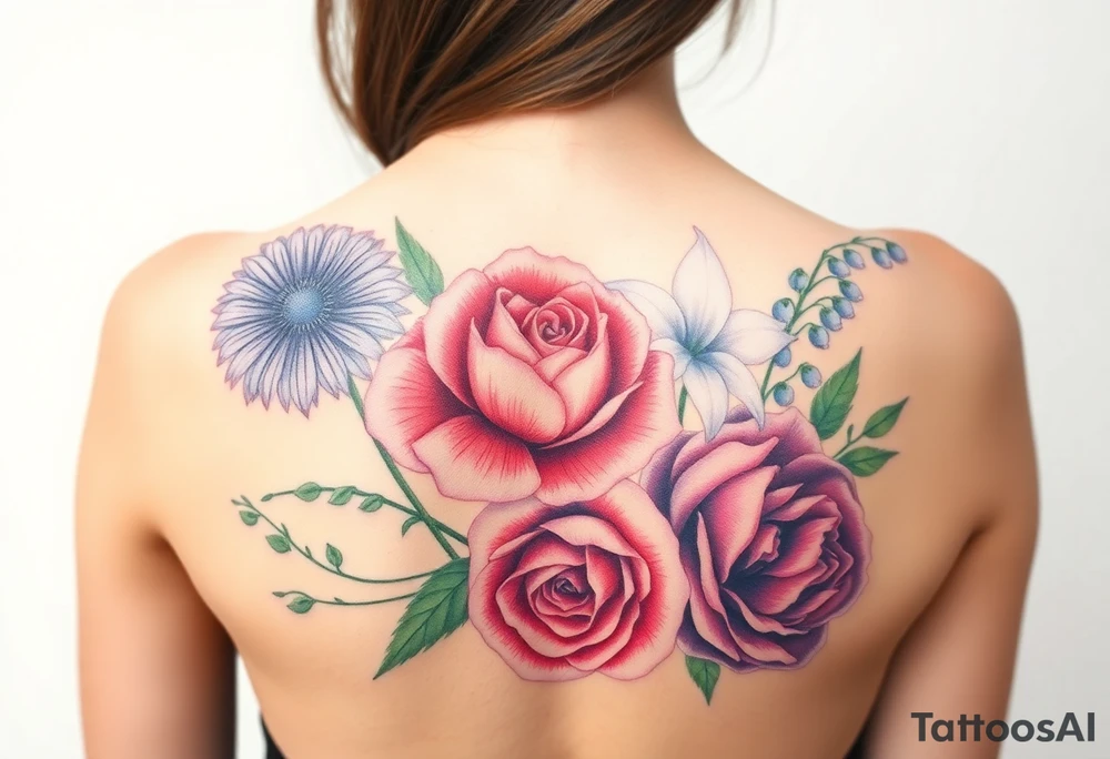 Bouquet of flowers with a aster, carnation, rose, Lily of the valley, delphinium with stems Starting upper middle back to right shoulder tattoo idea