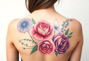 Bouquet of flowers with a aster, carnation, rose, Lily of the valley, delphinium with stems Starting upper middle back to right shoulder tattoo idea