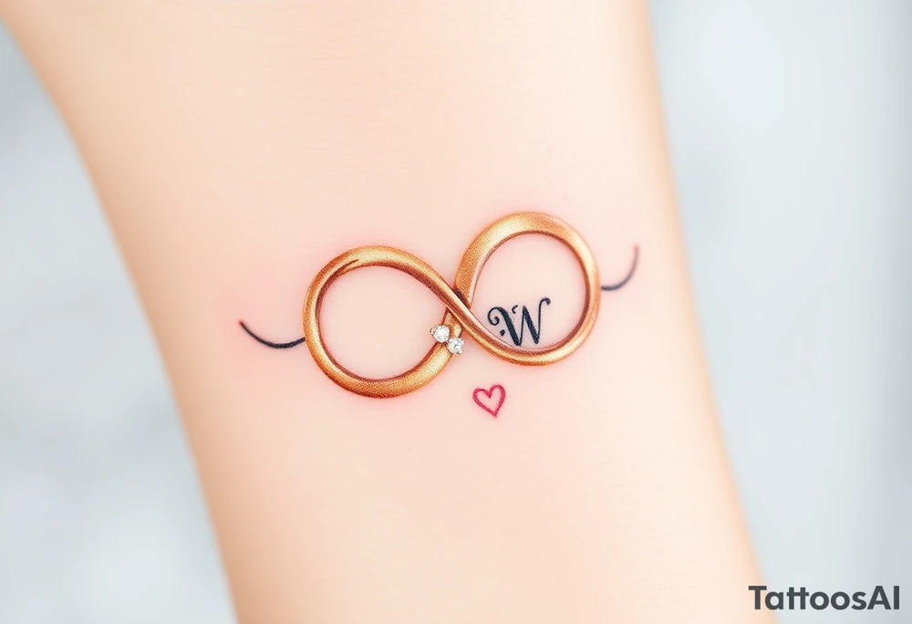 A delicate infinity symbol in shimmering champagne gold, intertwined with wedding rings engraved with the couple’s initials tattoo idea