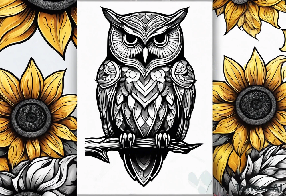 Owl and sunflower sleeve tattoo idea