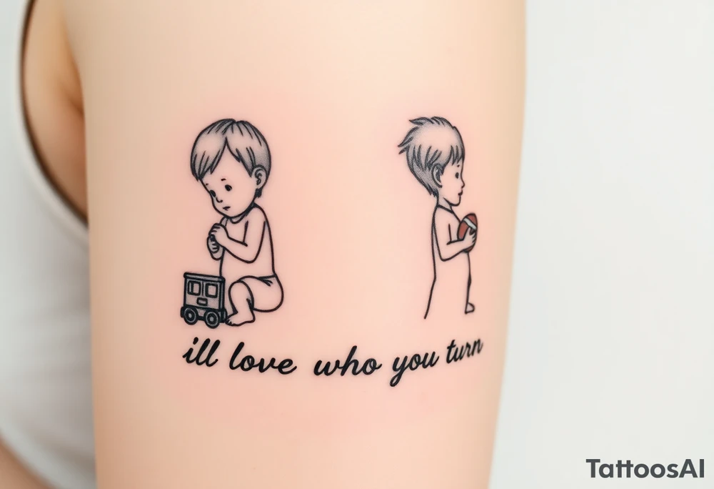 Two little boys one with small toy train one with a football written underneath "ill love who ever you turn out to be" tattoo idea