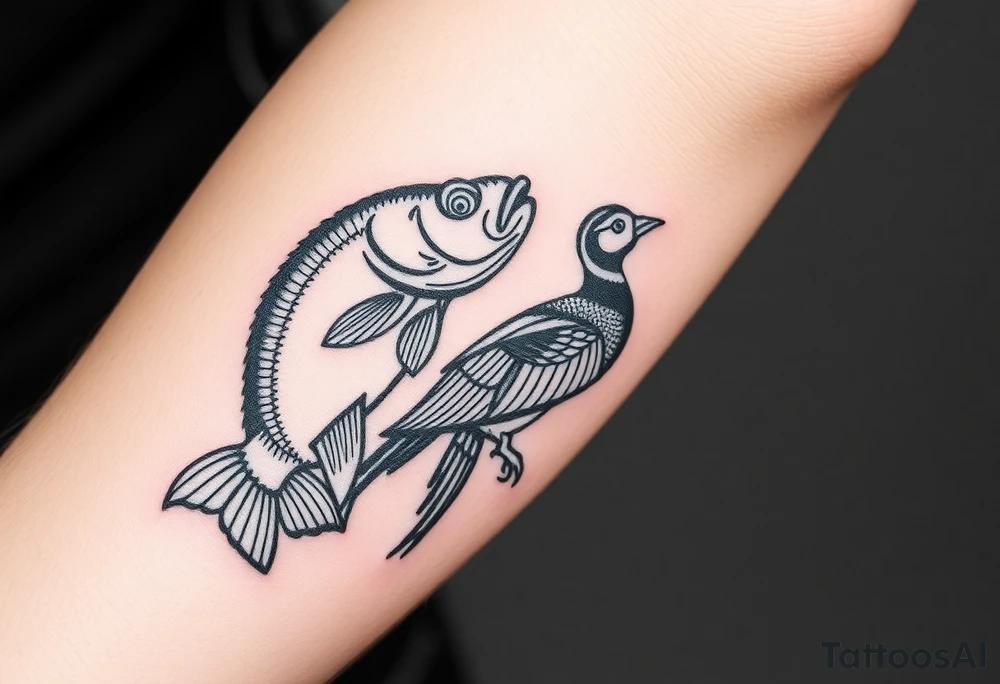 Hunting and fishing with bass, muskelunge, pheasant, duck tattoo idea