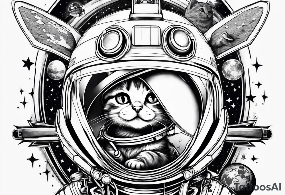 a kitten riding a rocket in space tattoo idea