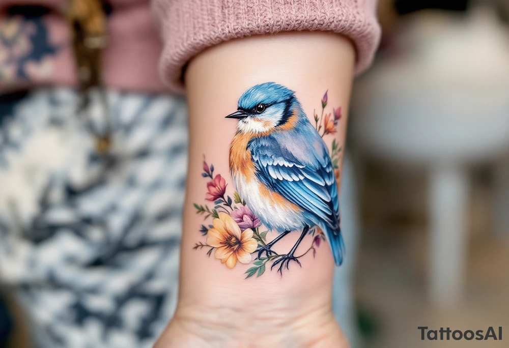 Puffy bluebird surrounded by wild flowers tattoo idea