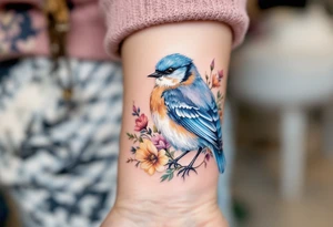 Puffy bluebird surrounded by wild flowers tattoo idea