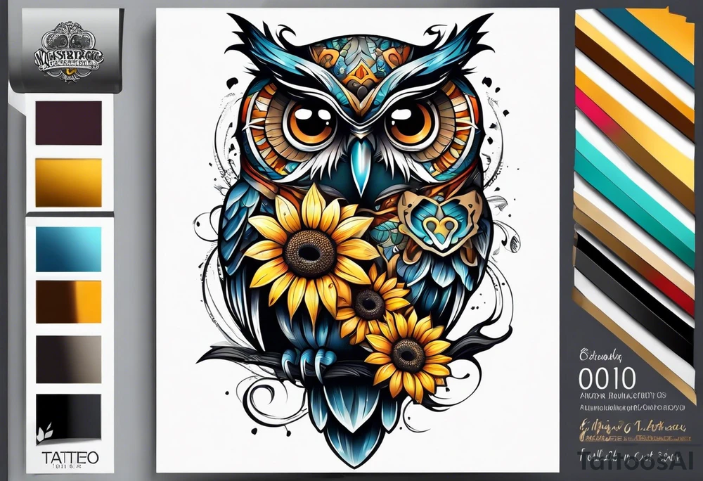 Small owl with butterfly and sunflower leg sleeve tattoo idea