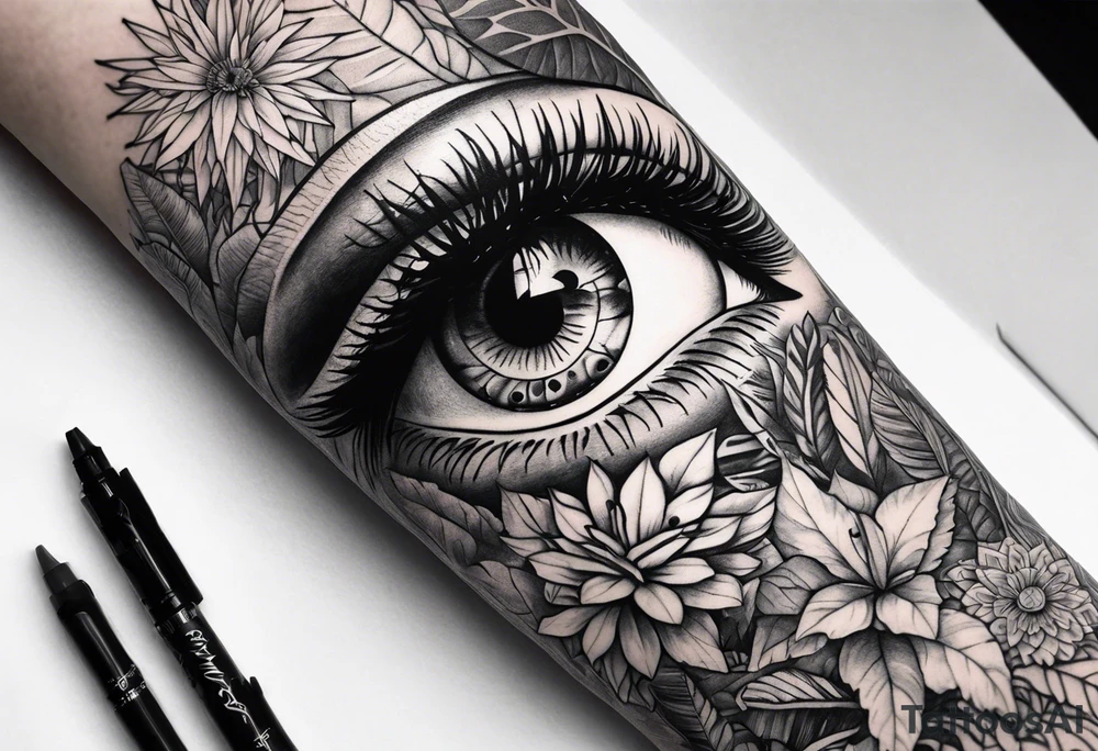 sleeve tattoo with all-seeing eye and jungle plants tattoo idea sleeve tattoo with all-seeing eye and jungle plants tattoo idea