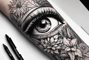 sleeve tattoo with all-seeing eye and jungle plants tattoo idea