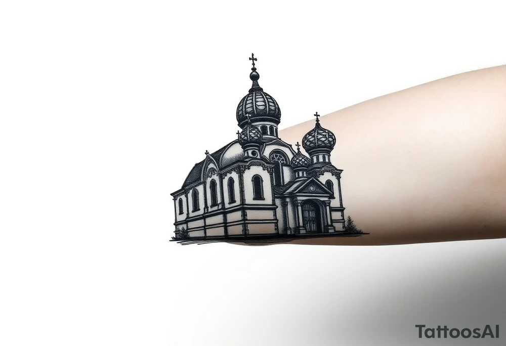 highly detailed Russian Orthodox cathedral sitting on fore arm with onion domes and orthodox crosses, done in fine line, engraving-like style. Cohesive composition, black ink only, no color, high contrast, slightly aged, documentary-style, plain light background. with clouds above it and a virgin mary over looking tattoo idea