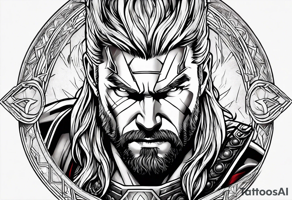 The Mighty Thor that looks like the Chris Hemsworth version with lightning in the background tattoo idea