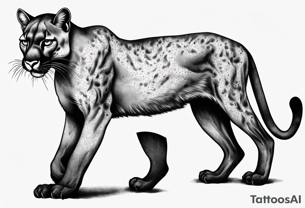 A black vicious puma walking but looking to the side, where the perspective is from above tattoo idea