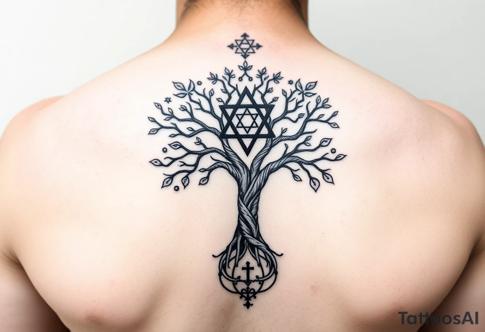 geometrical mystical tree of life with the star of David and cross cosmic roots and celestial symbols branches with HIV-positive symbol at bottom tattoo idea