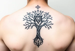 geometrical mystical tree of life with the star of David and cross cosmic roots and celestial symbols branches with HIV-positive symbol at bottom tattoo idea