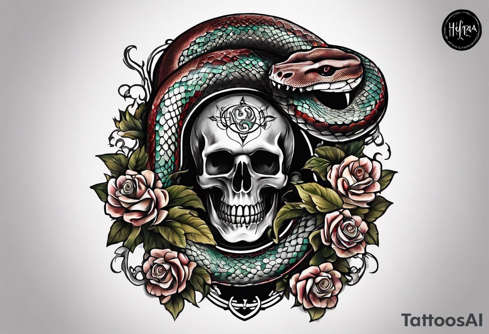 snake sleeve tattoo with skull, snake as focal point, with the word Hydra Gang on it tattoo idea